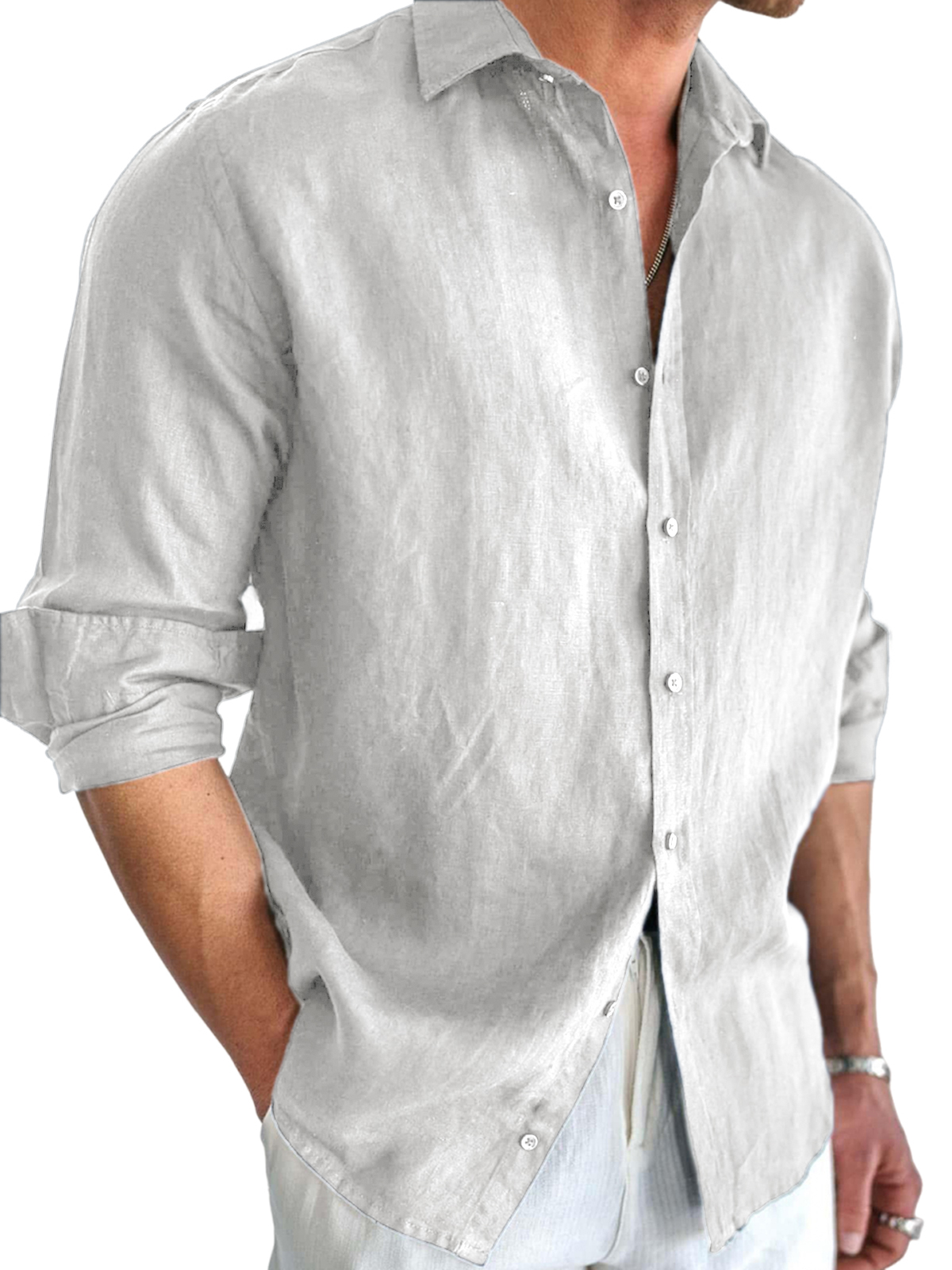 Men's Basic Cotton and Linen Long Sleeve Lapel Loose Button-down Cardigan Shirt