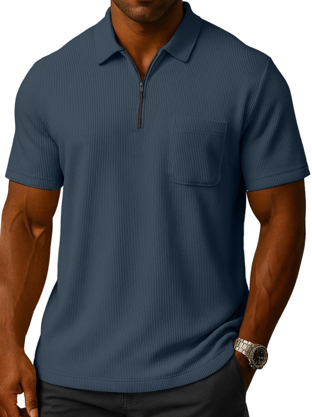 Men's Solid Color Loose And Comfortable Vertical Stripes Zipper Pocket Short-sleeved Polo Shirt