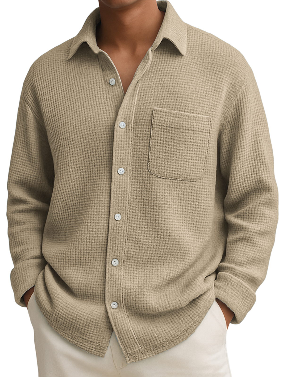 Men's Comfort Waffle Lapel Long Sleeve Shirt with Chest Pocket