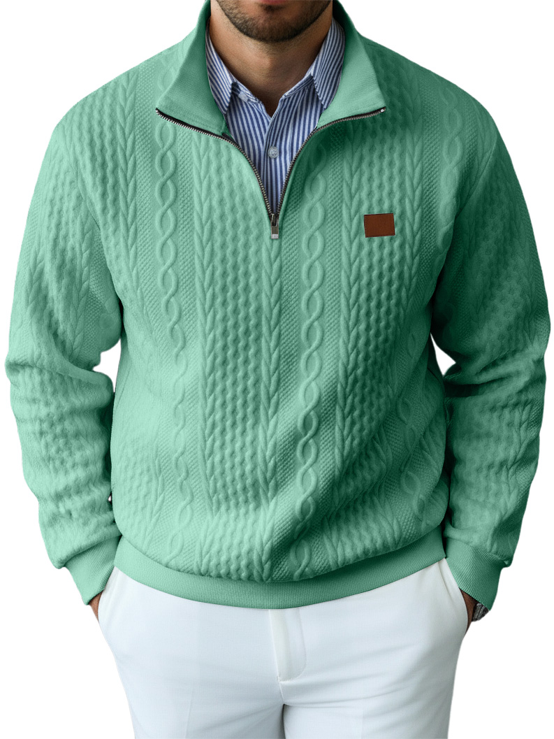 Men's Casual Solid Color Cable Knit Textured Quarter Zipper Stand Collar Sweatshirt