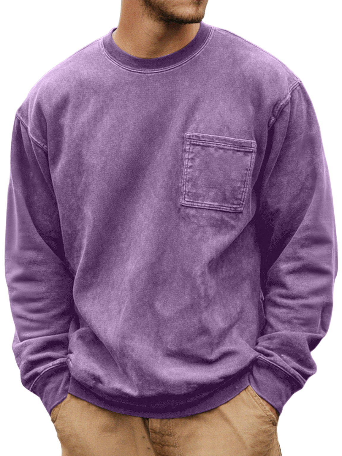 Men's Washed And Distressed Vintage Round Neck Pocket Basic Casual Long-sleeved T-shirt