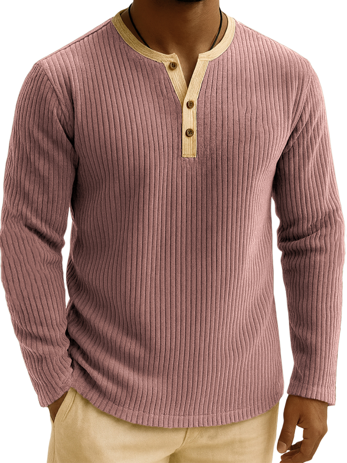 Men's Stylish Corduroy Ribbed Color-Block Henley Shirt