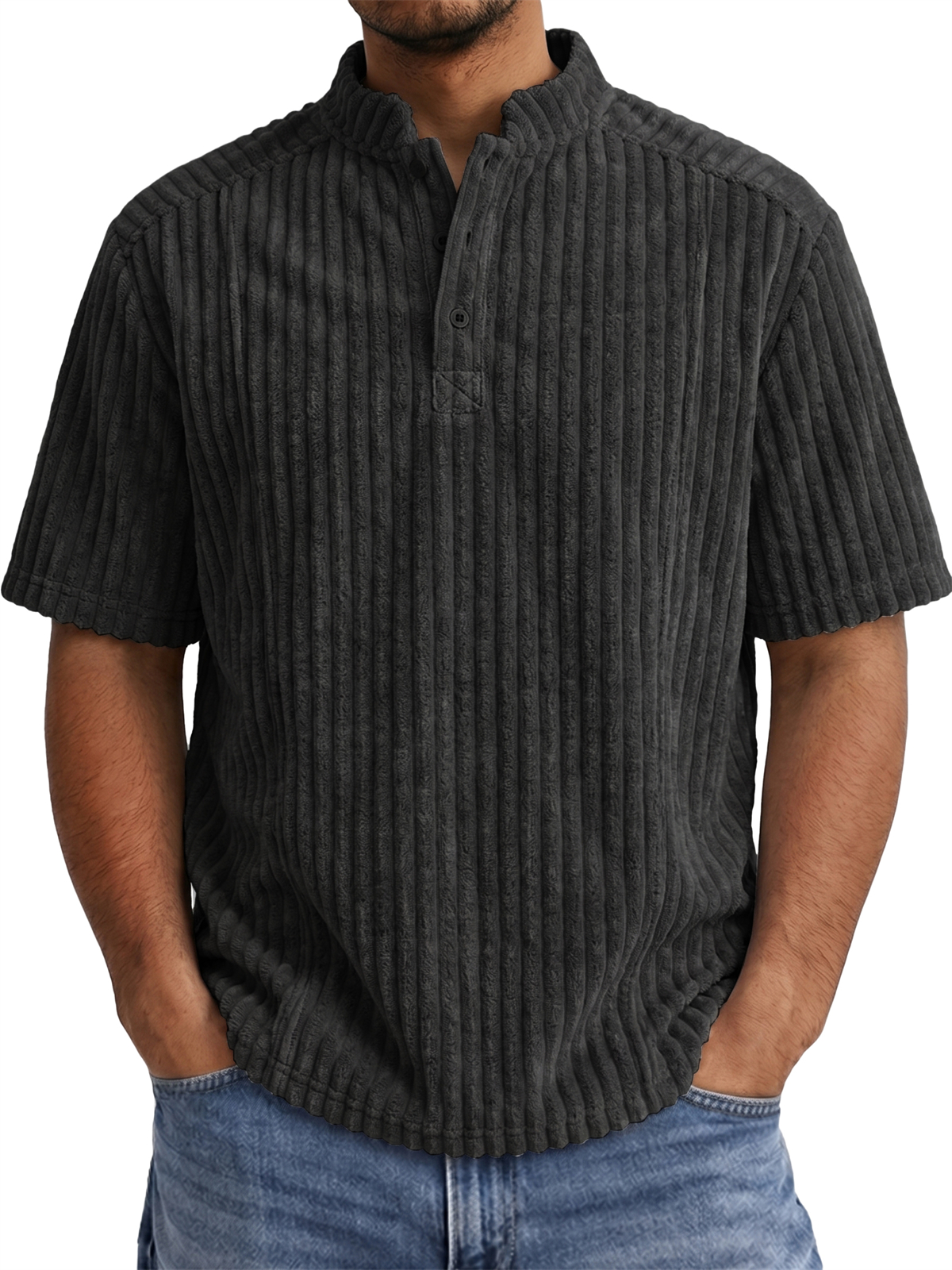 Men's Retro Casual Corduroy Short-Sleeve Henley Shirt