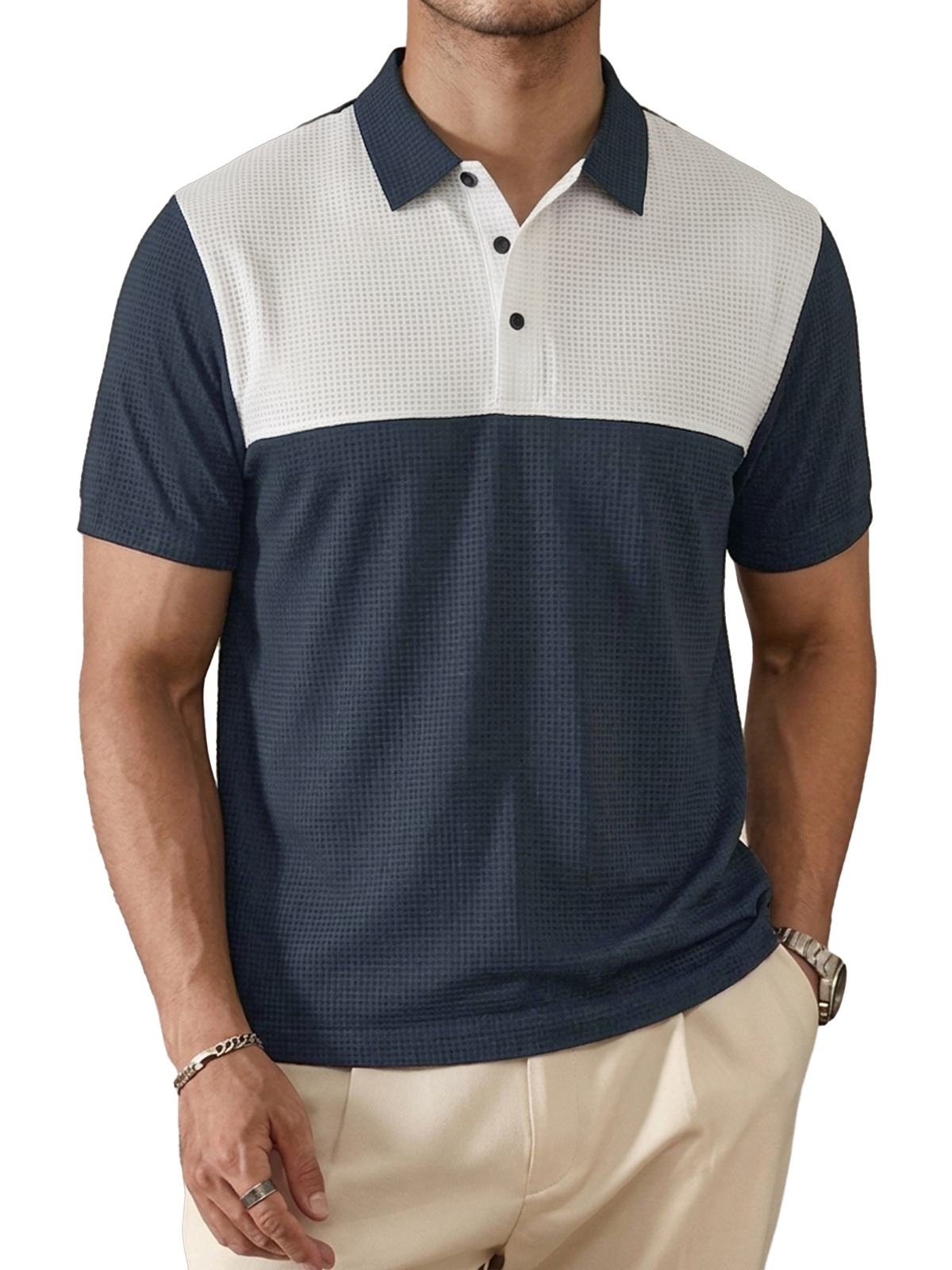 Color-Block Waffle-Knit Urban Casual Polo Shirt