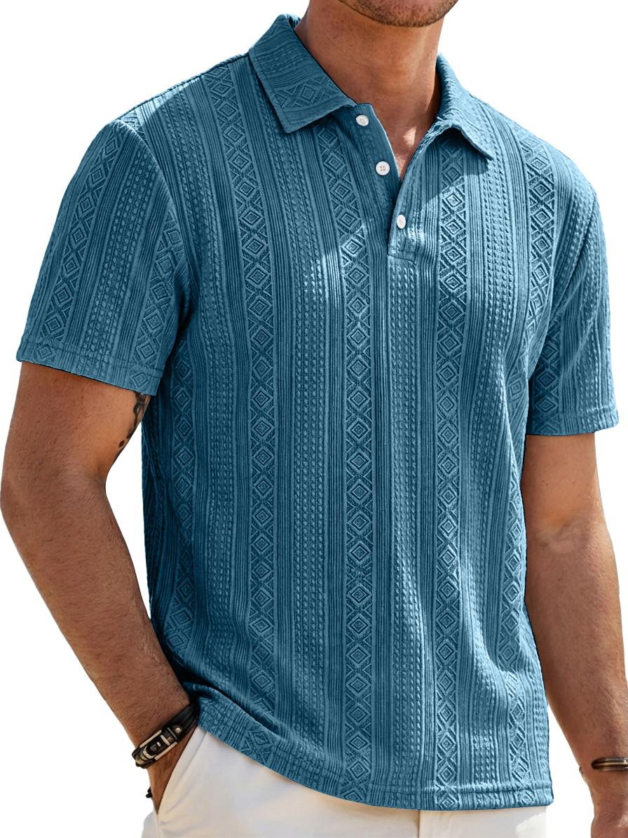 Men's Solid-Color Striped Jacquard Casual Short-Sleeve Polo Shirt