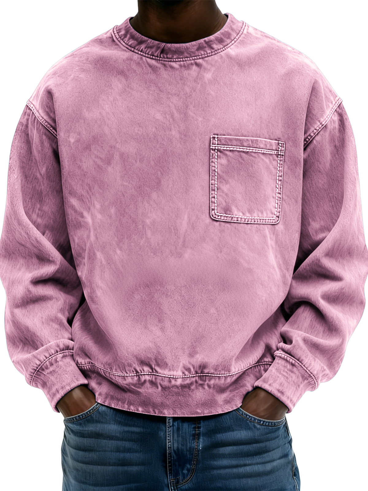 Men's Vintage Distressed Crew Neck Long-sleeved Top with Pockets
