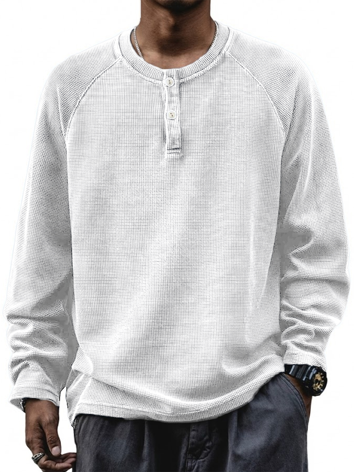 Men's Retro Waffle Raglan Loose Pullover Long Sleeve Henley Shirt