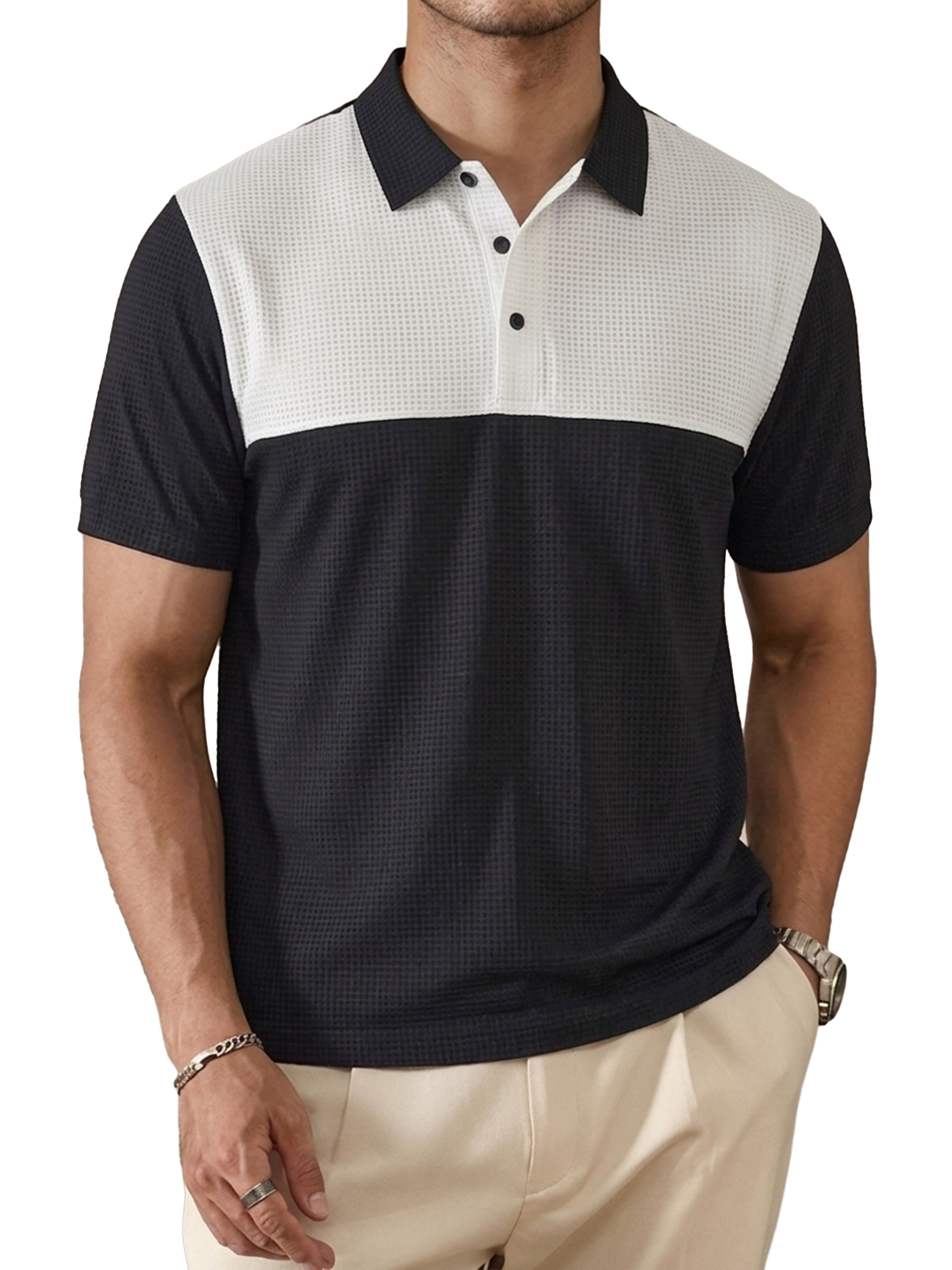 Color-Block Waffle-Knit Urban Casual Polo Shirt