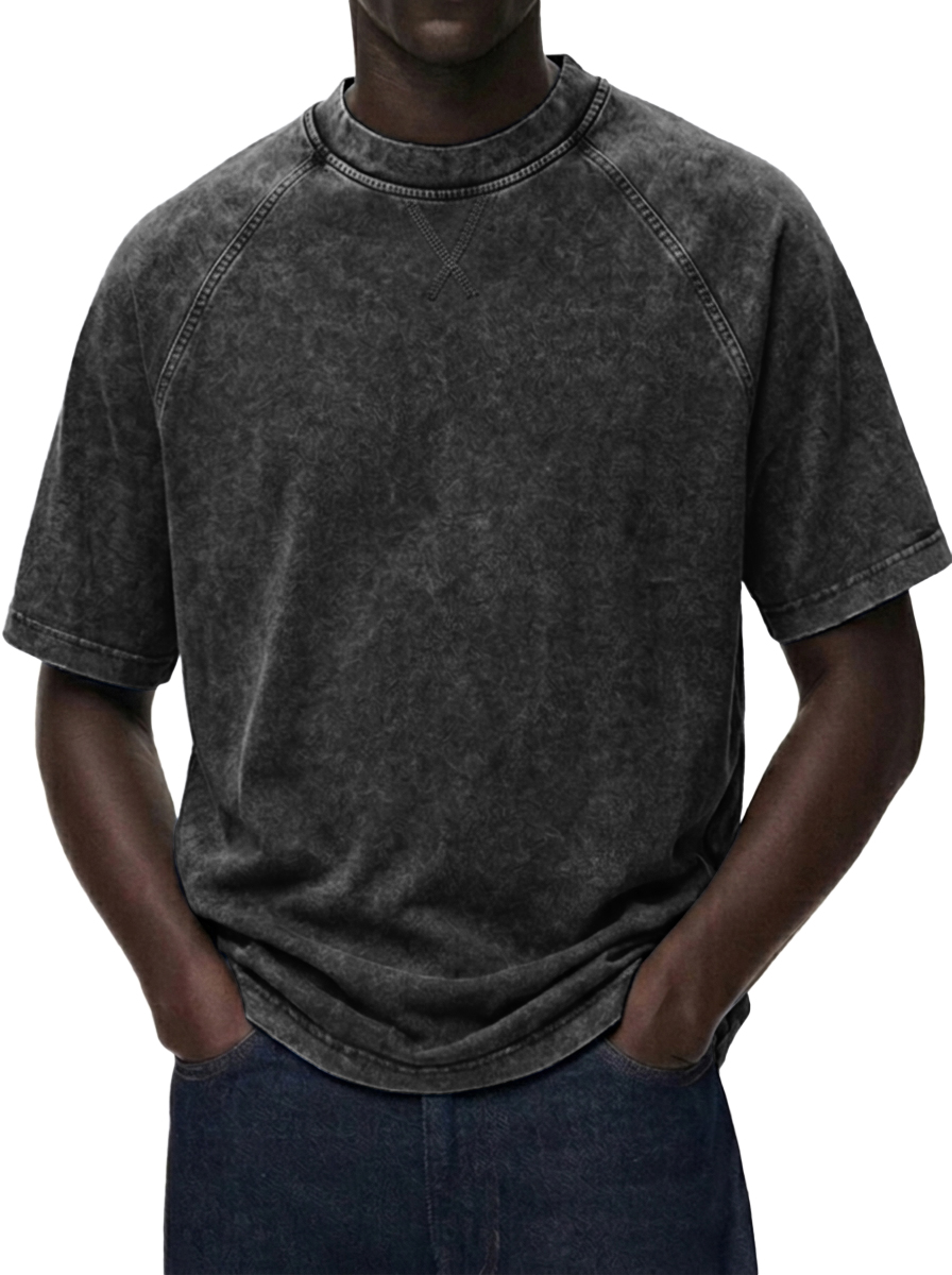 Men's Washed  Distressed Raglan Sleeve Crewneck T-Shirt