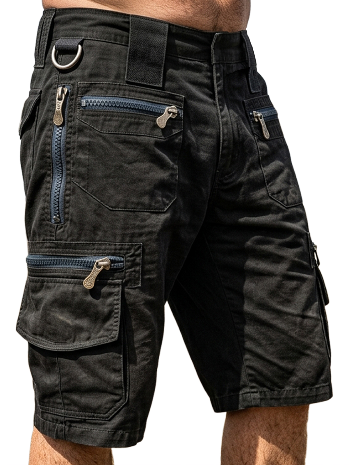 100% Cotton Multi-Pocket Cargo Shorts with Zipper Design