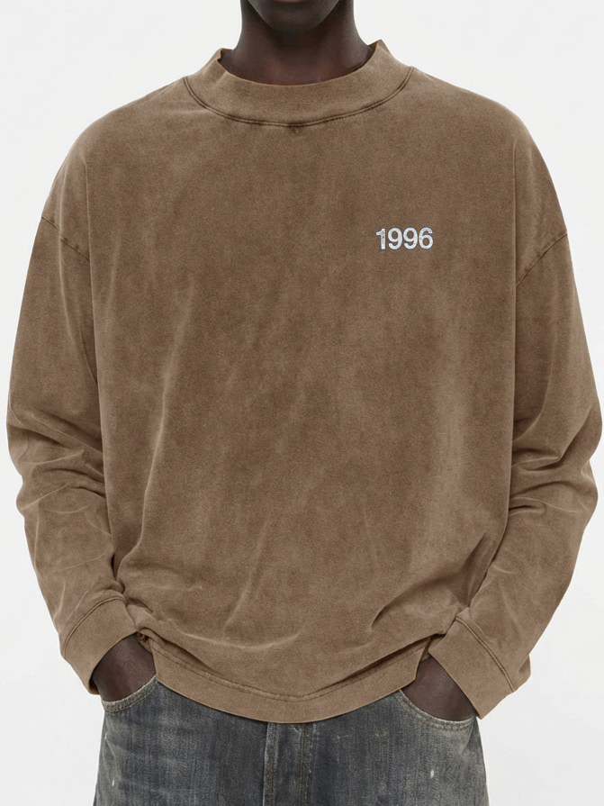 Men's 100% Cotton Vintage Washed and Distressed 1996 Crew Neck Long-Sleeved T-shirt