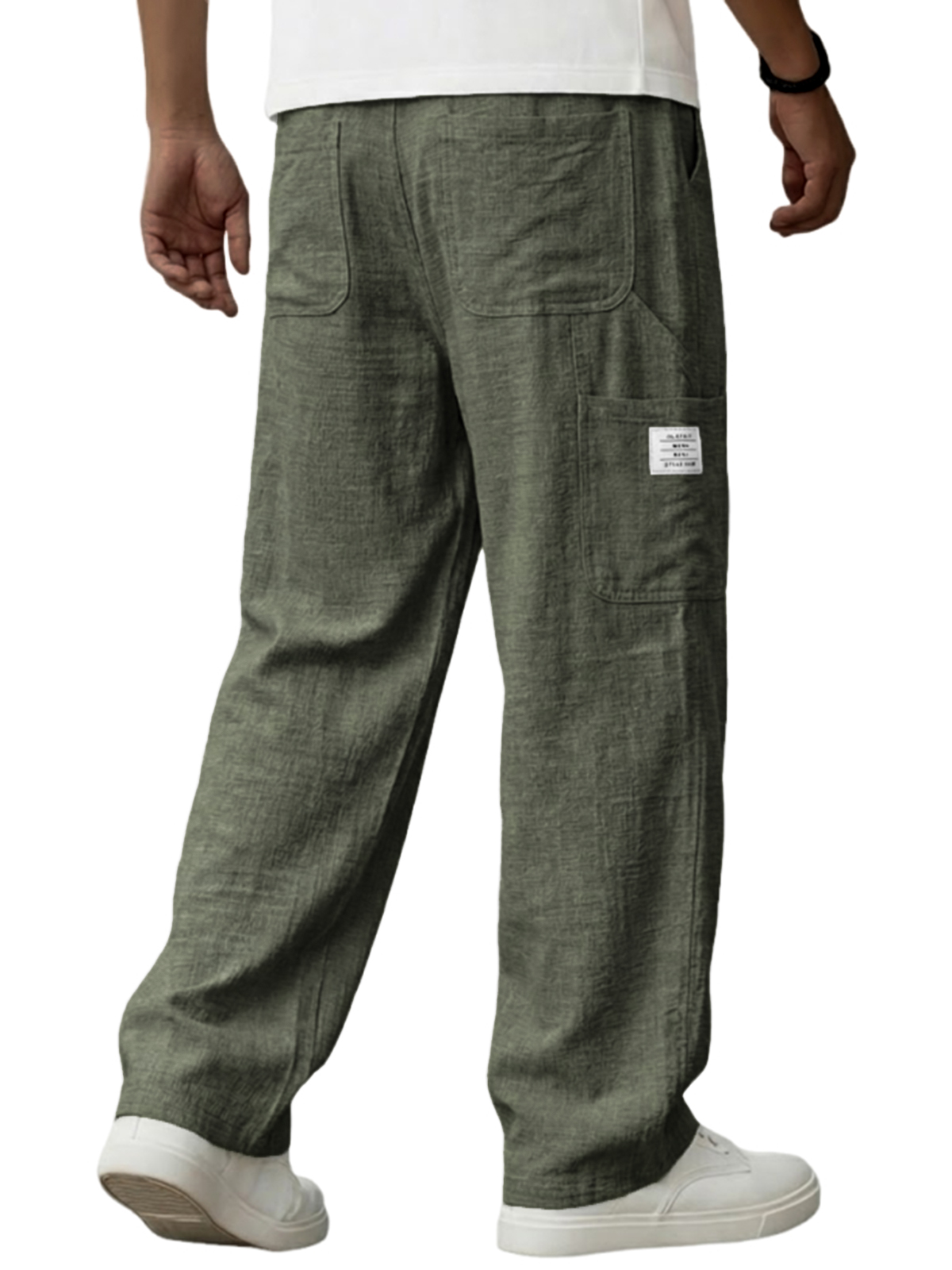 Men's Vintage Breathable Linen Multi-pocket Casual Embroidered Label Trousers