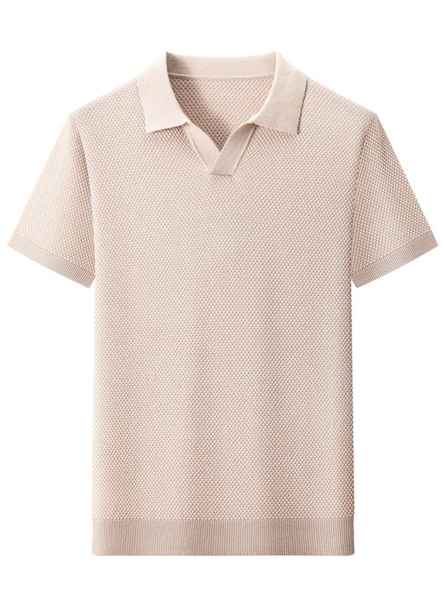 Pineapple-Texture Jacquard V-Neck Polo Shirt with Gull-Wing Collar