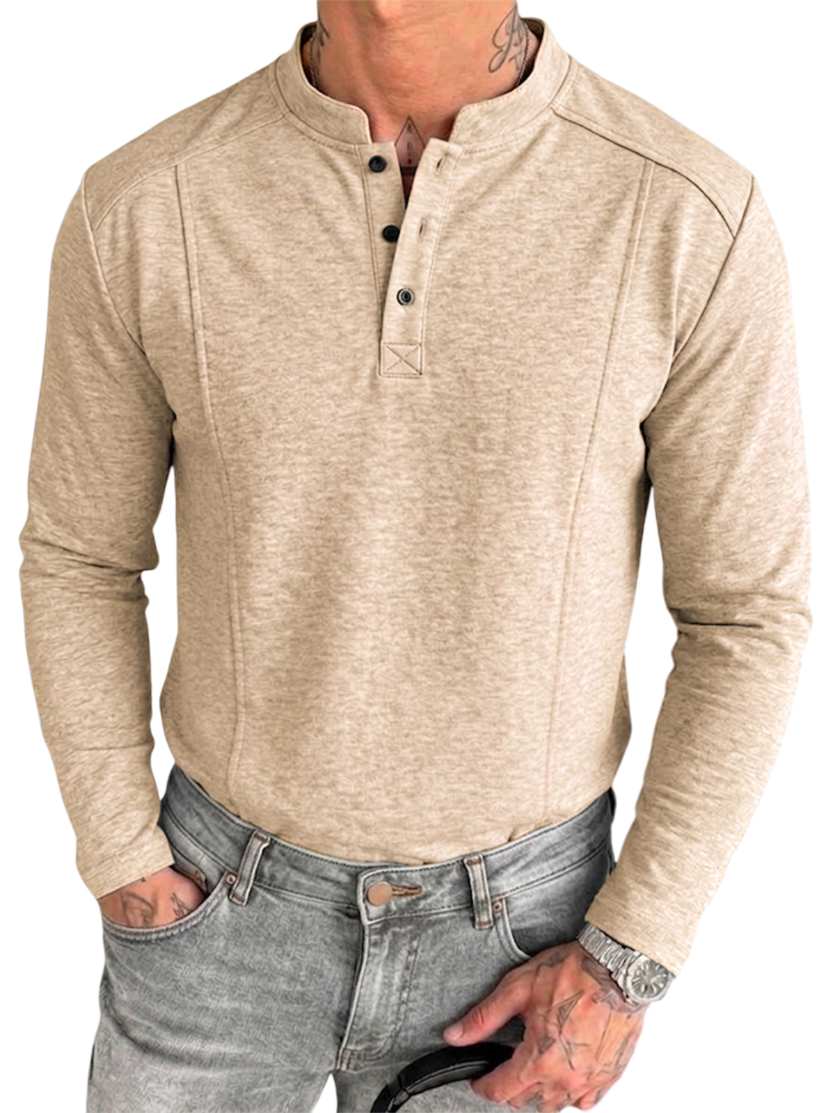 Men's Retro Textured Deconstructed Long-Sleeve Pullover Henley Shirt