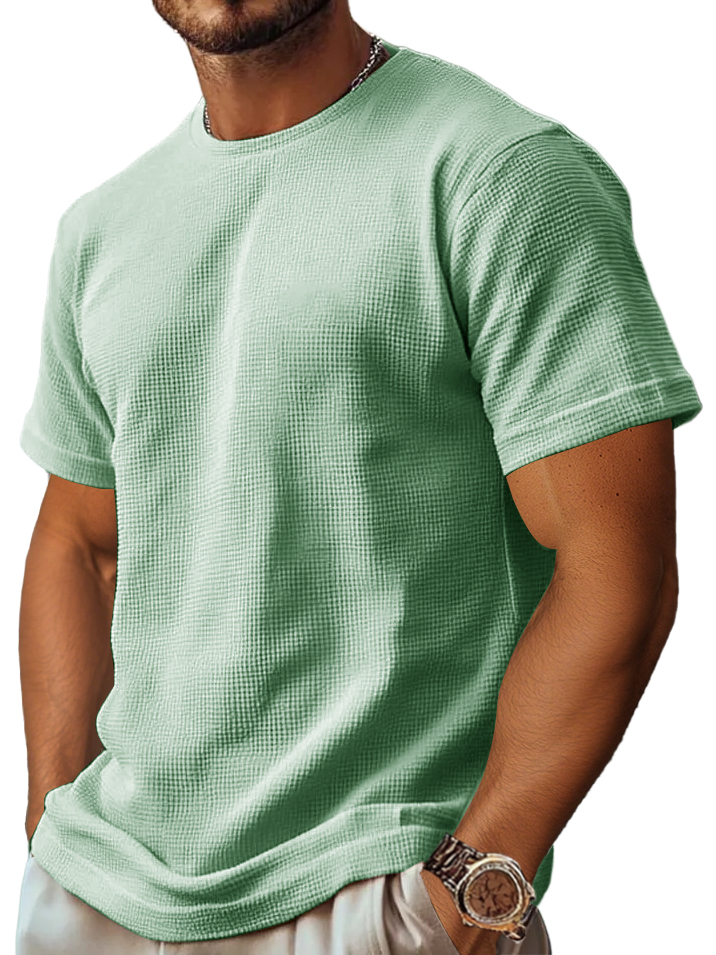 Men's Retro And Stylish Waffle Fabric With A Comfortable, Basic Straight-shoulder Slim-fitting T-shirt