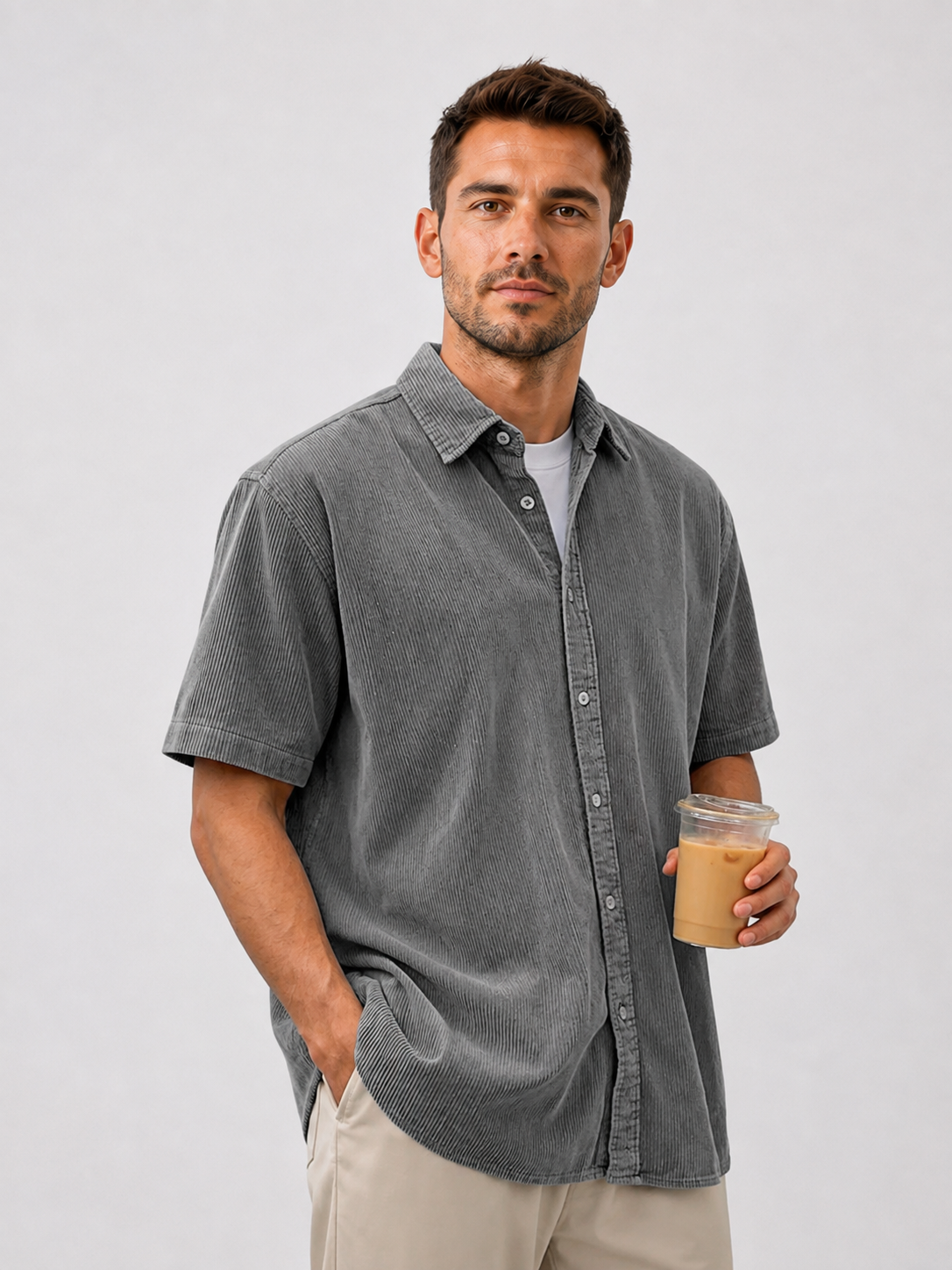 Men's Retro Corduroy Casual Short Sleeve Shirt