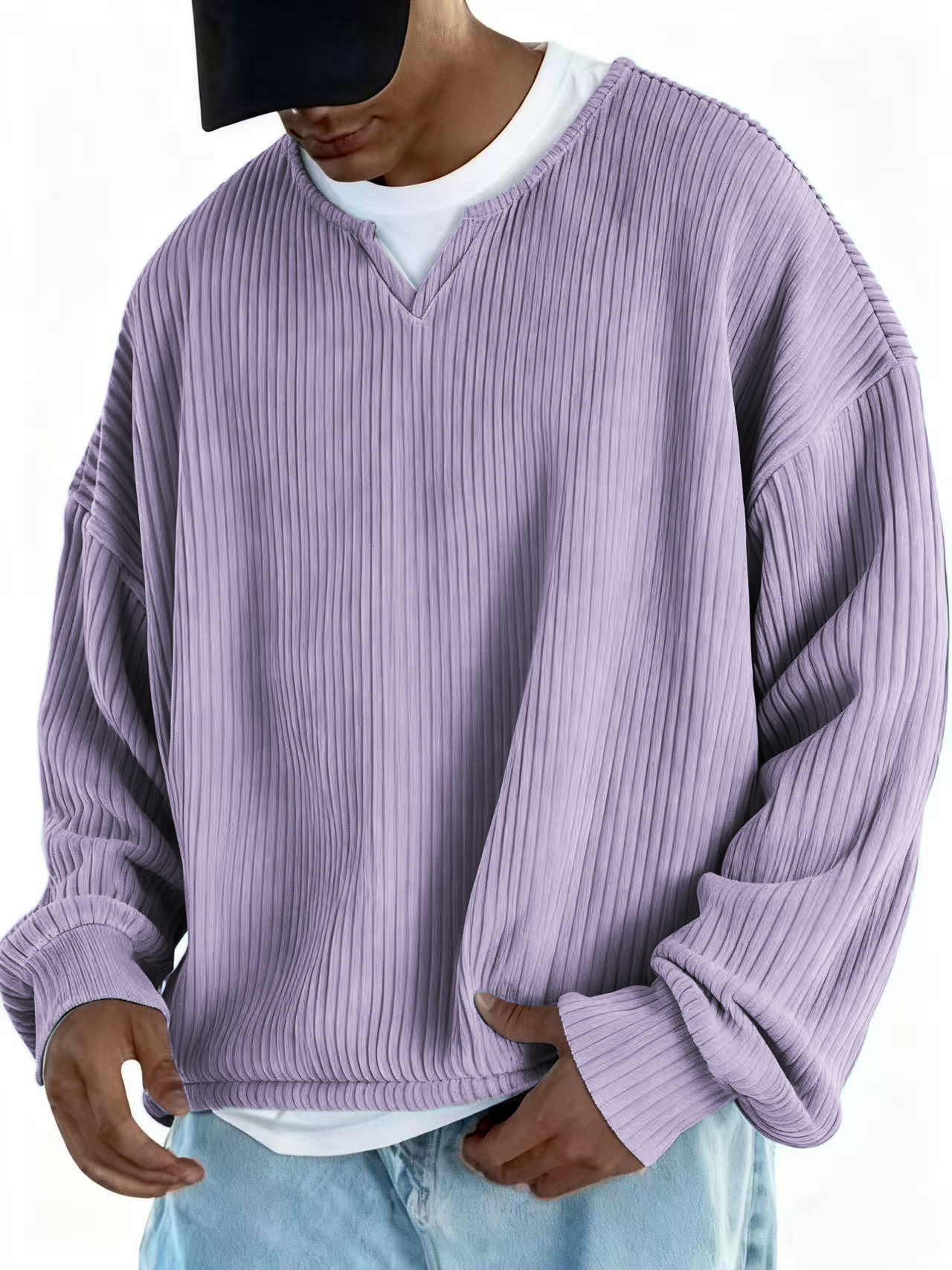 Men's V-neck Notch Collar Ribbed Long-sleeved Pullover