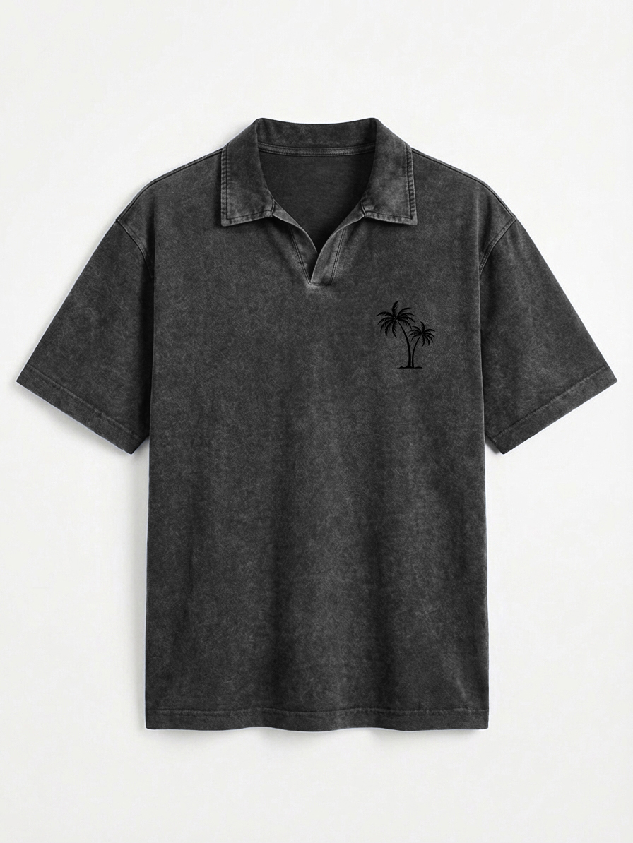 Men's Vintage Distressed Palm Tree Print Seagull Collar Short-Sleeve Polo Shirt