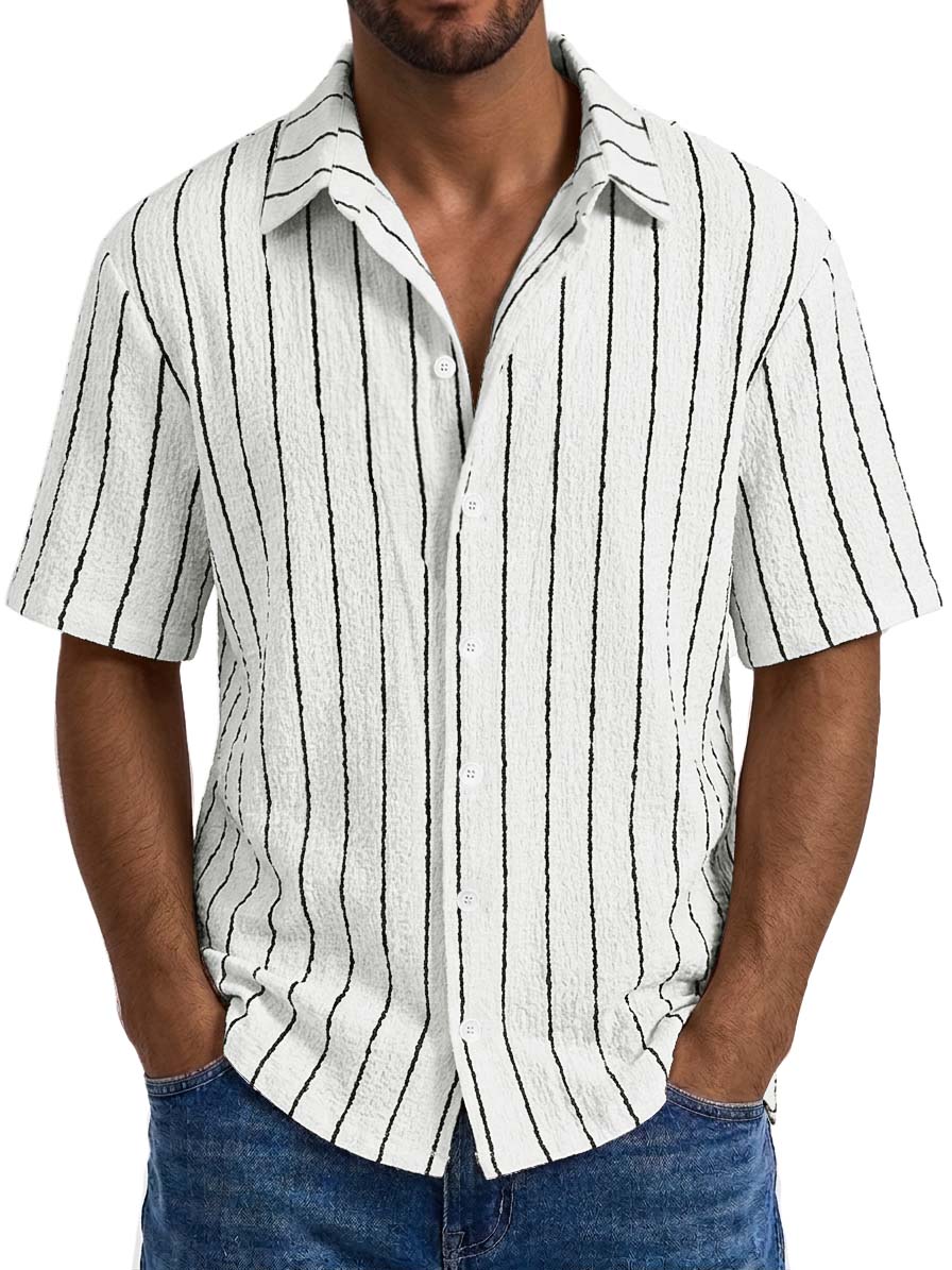 Men's Casual Textured Embroidered Logo Loose Comfort Striped Short Sleeved Shirt