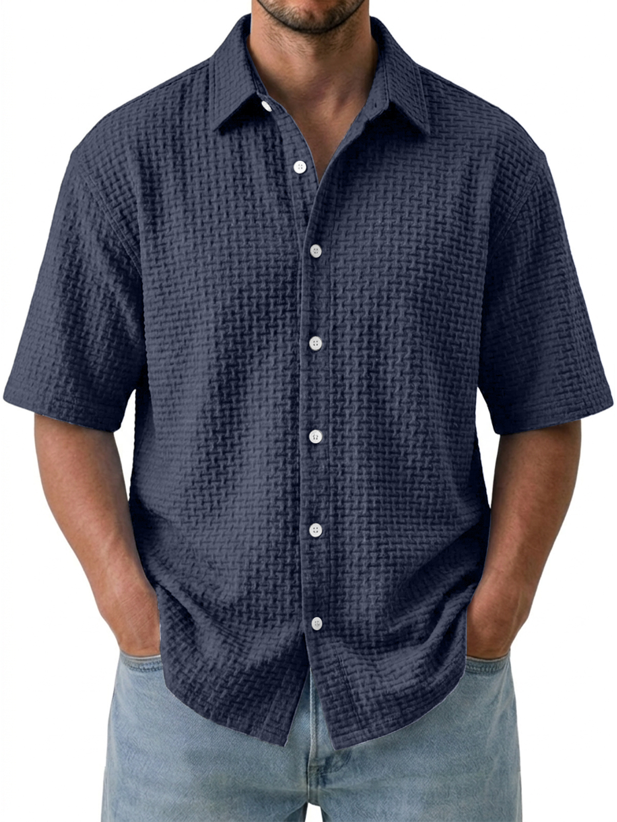 Men's Casual Comfortable Jacquard Textured Ice Silk Short Sleeve Shirt