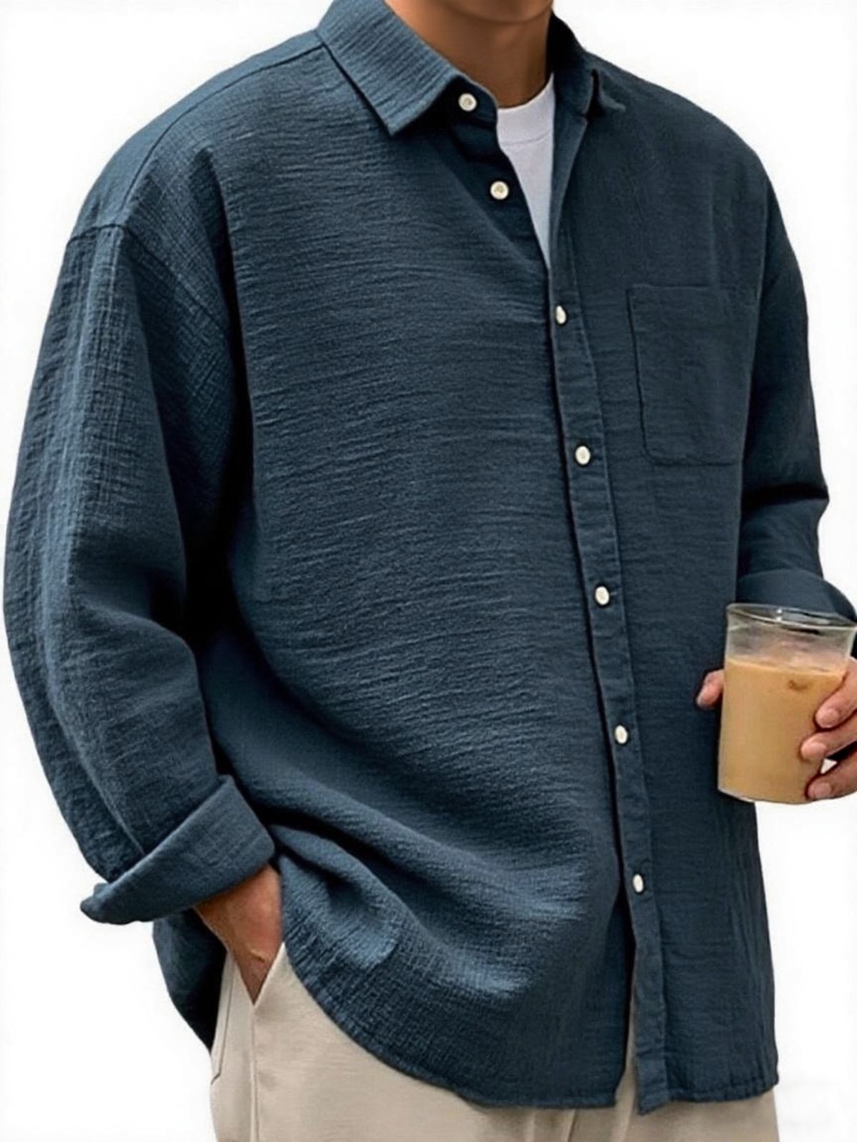 Men's Crinkled Linen Urban Casual Daily Long-sleeve Shirt with Chest Pocket