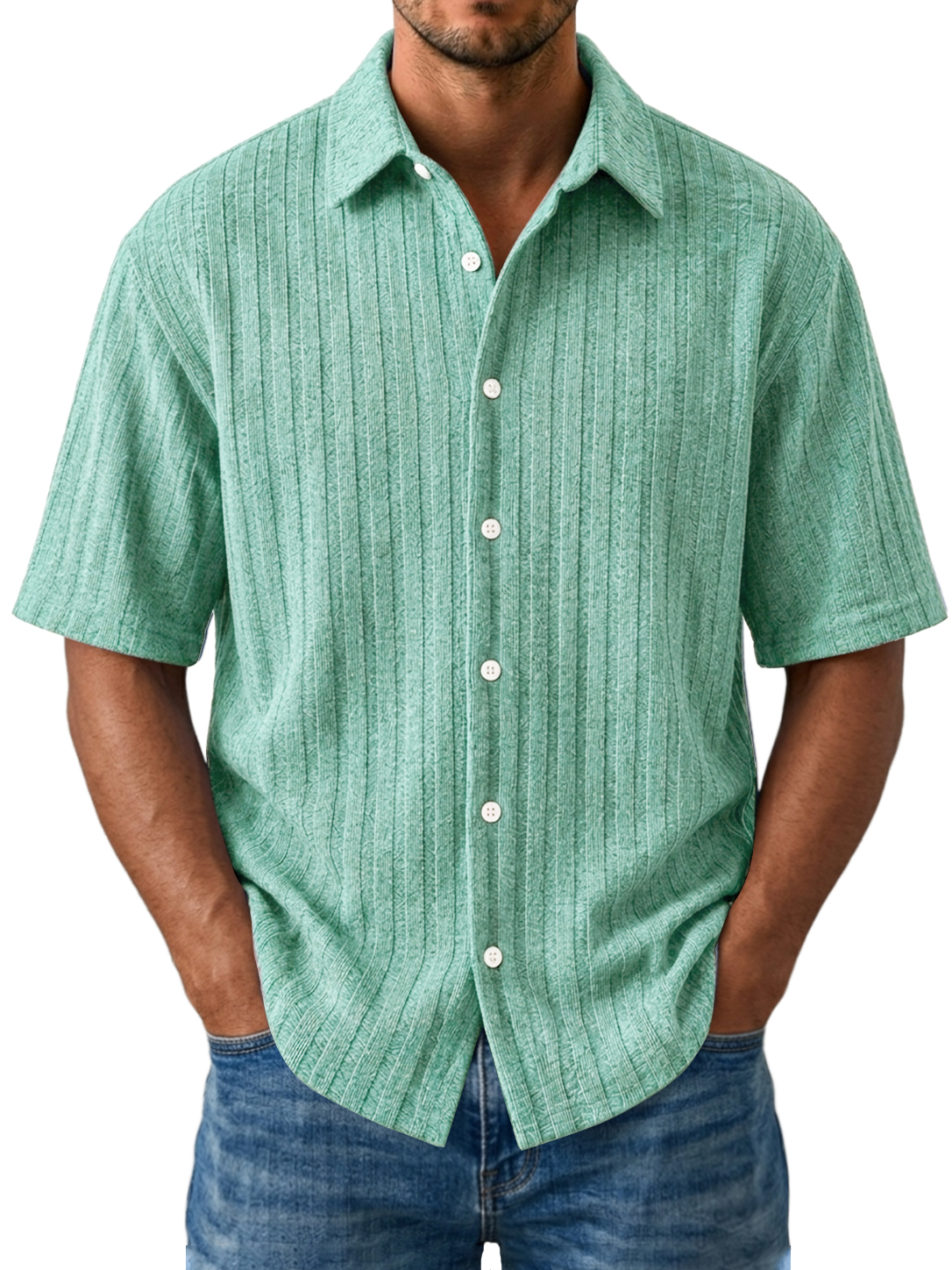Men's Casual Striped Jacquard Short Sleeve Shirt