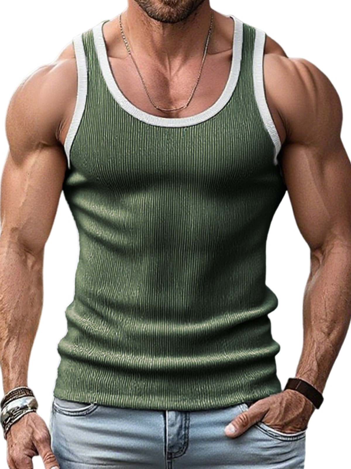 Men's Stylish Ribbed Contrast Color Sleeveless Sports Fitness Vest