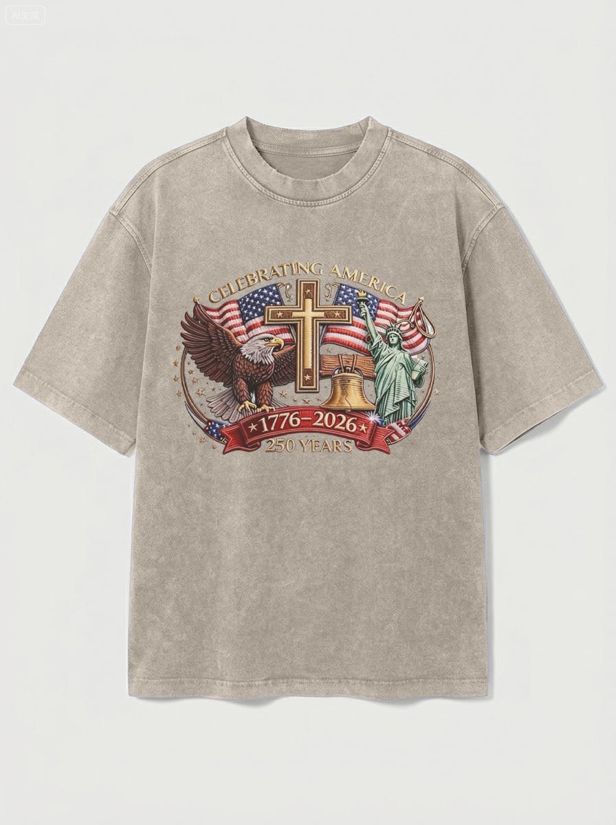 100% Cotton Vintage Washed & Distressed USA 250th Anniversary Crew Neck Short-Sleeve T-Shirt