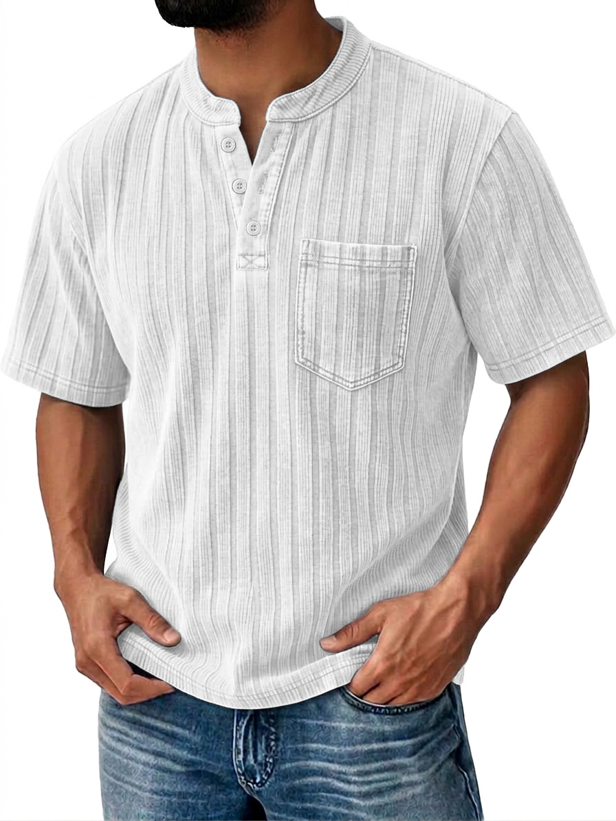 Men's Textured Striped Short-Sleeve Henley – Breathable & Comfortable