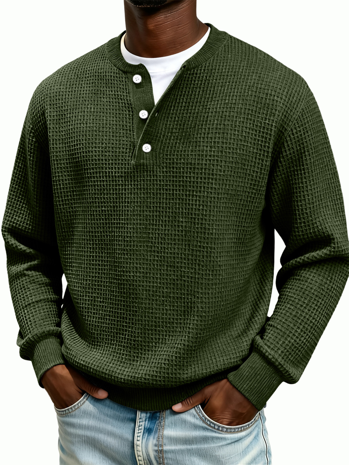 Men's Waffle Knit Henley Collar Long-Sleeve Sweatshirt
