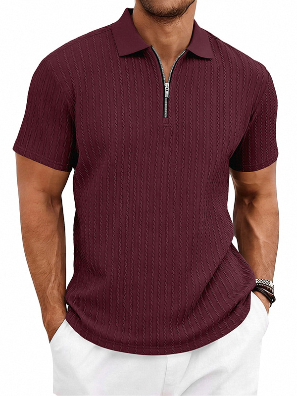 Men's Striped Jacquard Zip Up Short Sleeved  Polo Shirt