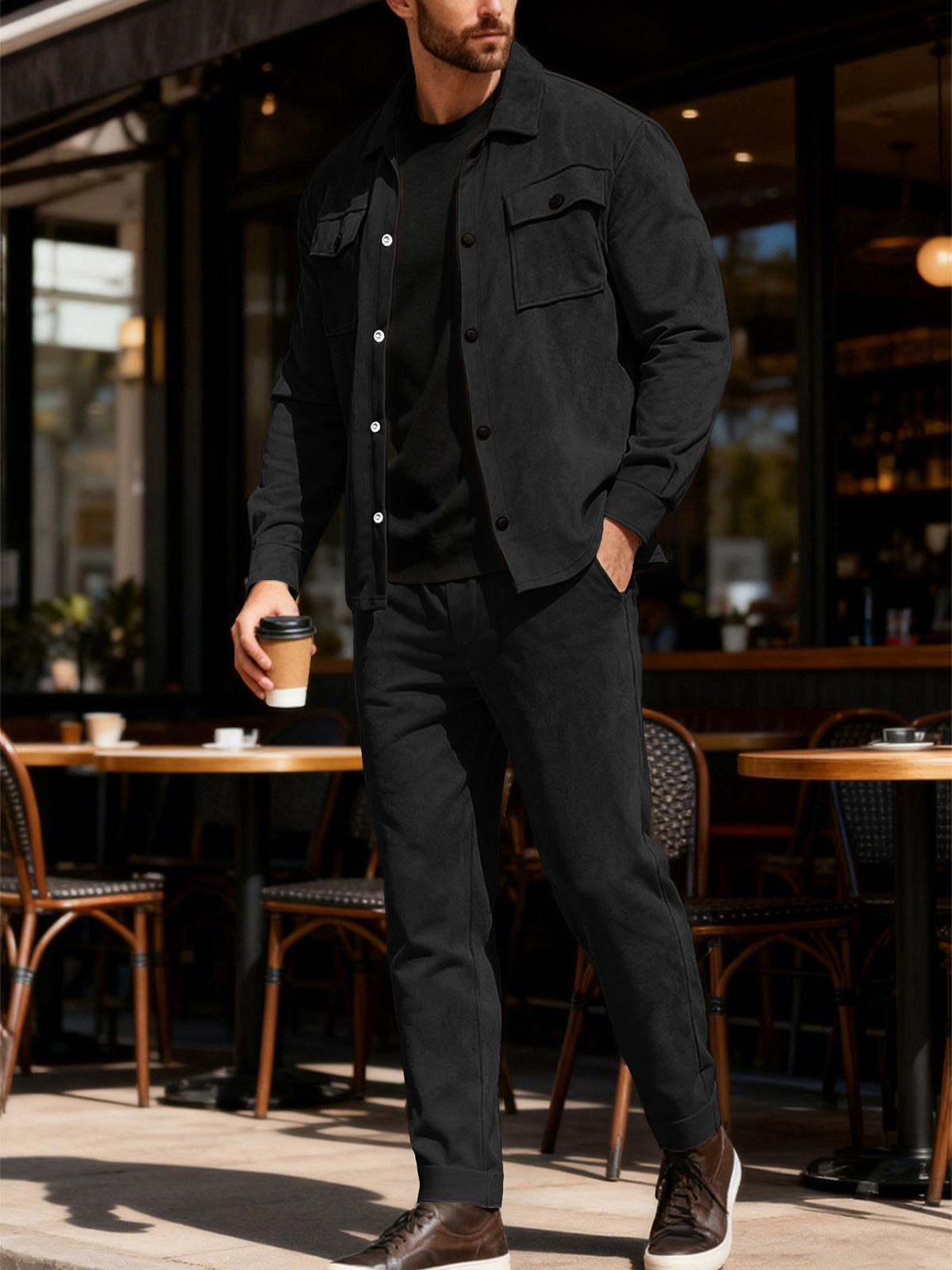 Heavyweight Casual Solid Color Suede Jacket and Trousers Set