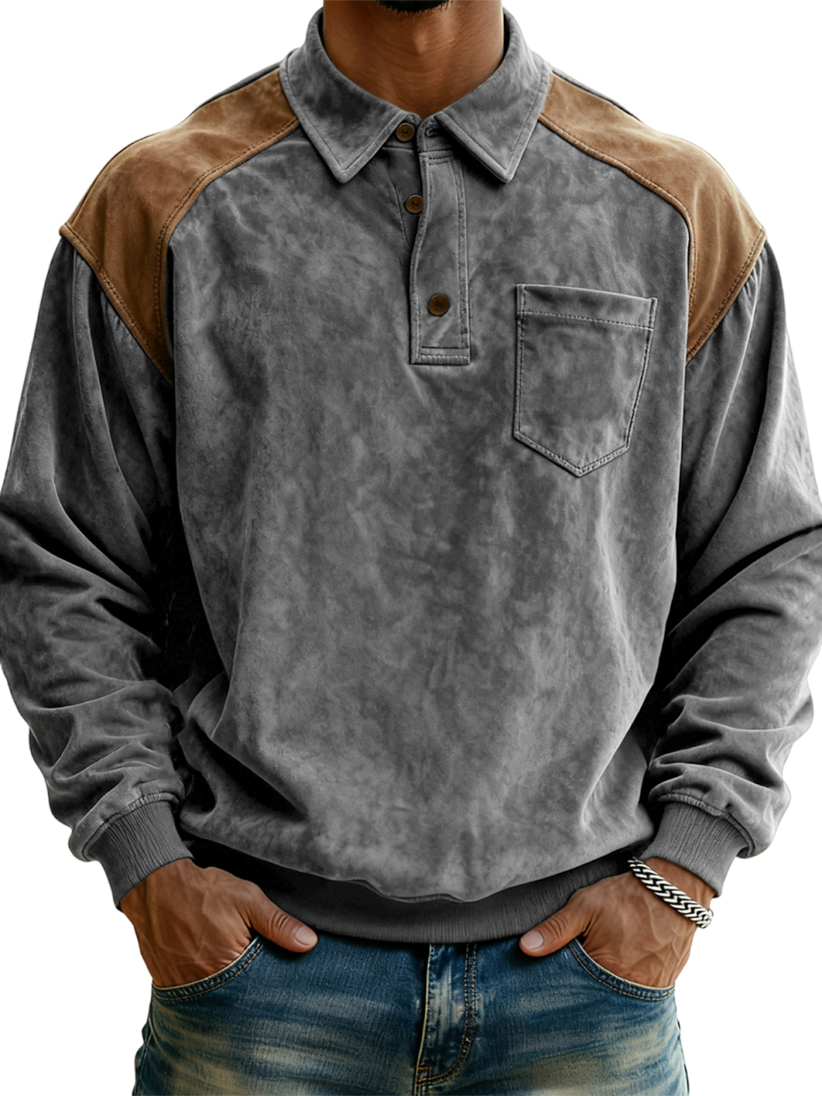 Men's Vintage Polo Sweatshirt with Contrast Suede Shoulders