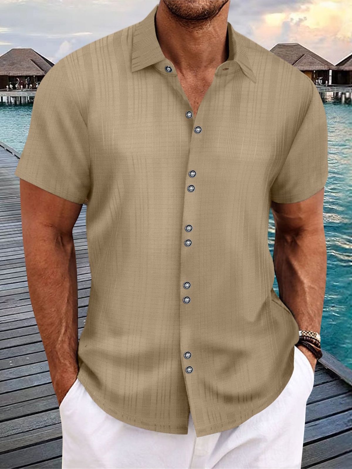 Men's Slubbed Linen Texture Beach Casual Multi-Button Loose Short Sleeve Shirt
