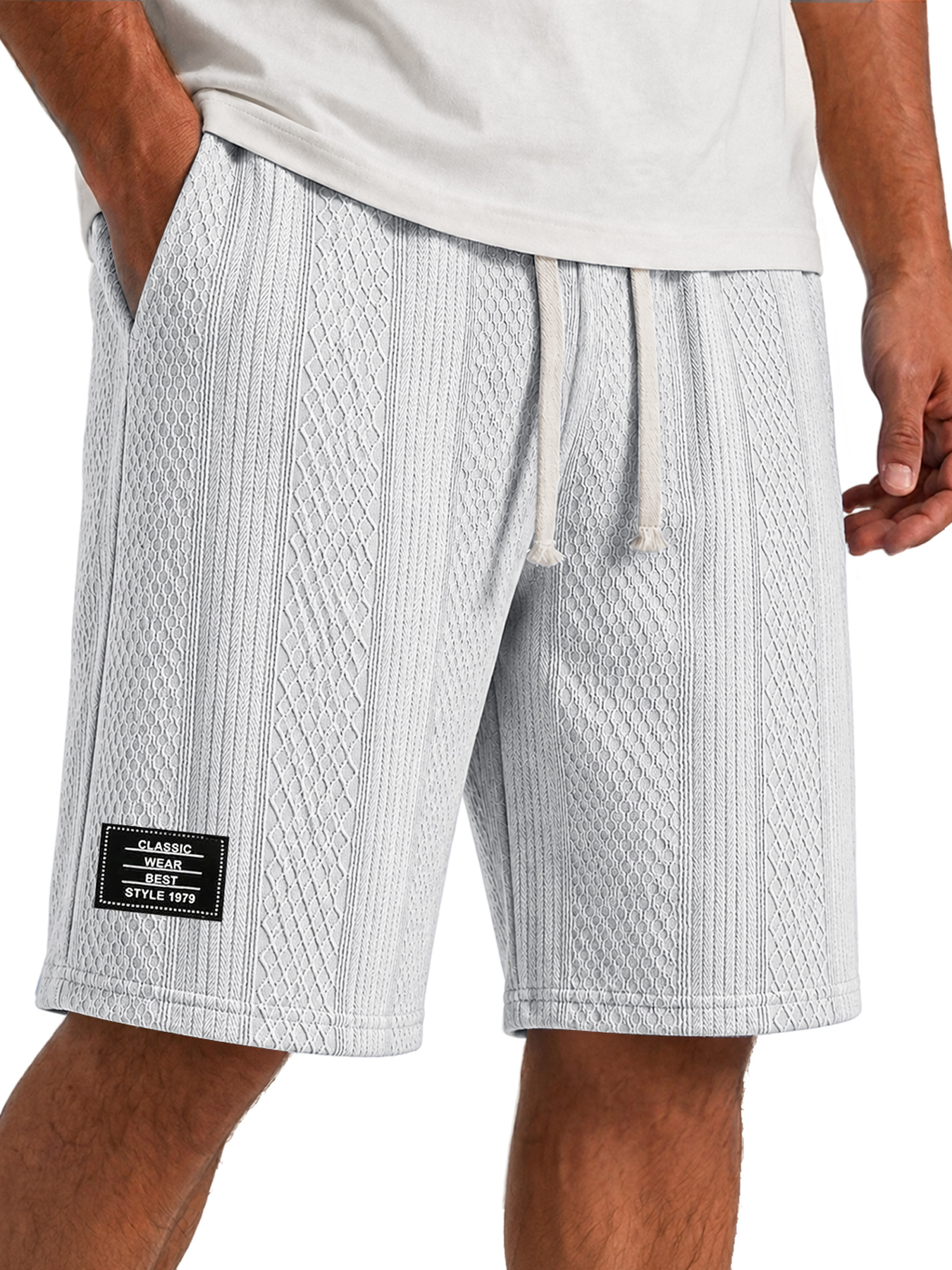 Men's Solid-Color Casual Shorts with Textured Embroidered Logo and Elastic Waist