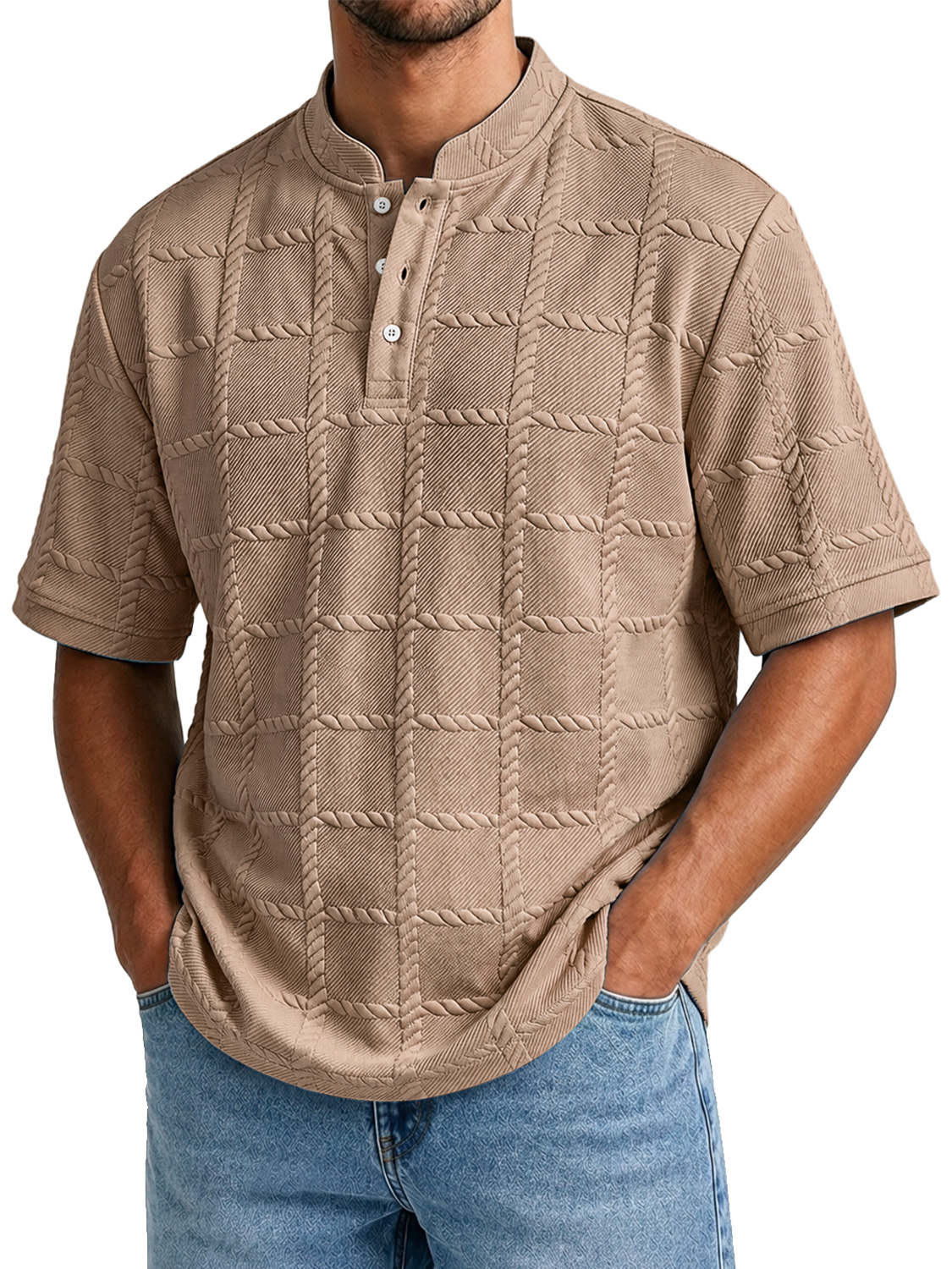Men's Casual Textured Stand-Collar Button-Front Solid-Color Short-Sleeve Henley Shirt