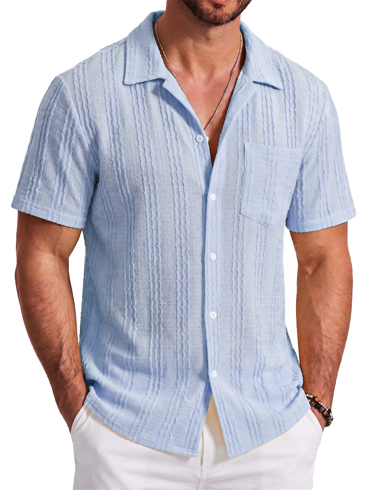 Men's Jacquard Striped Short Sleeve Shirt