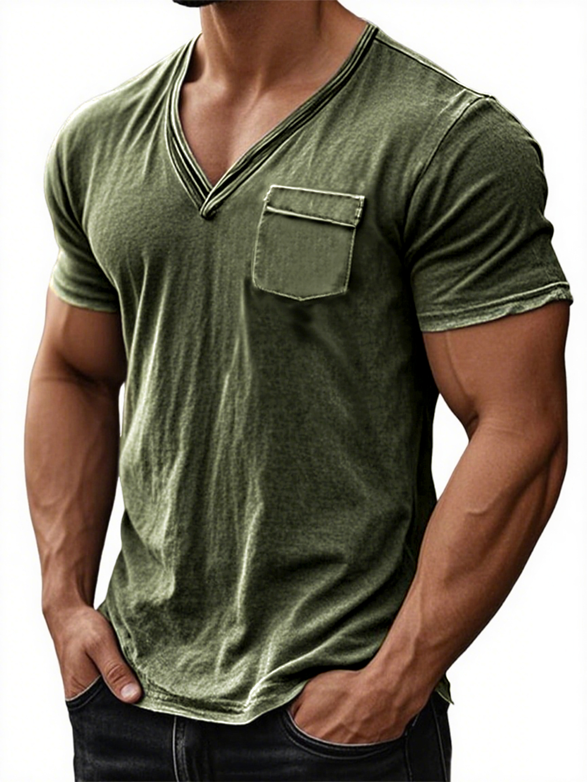 Men's Stylish Distressed V-neck Skin-friendly Everyday Short-sleeved T-shirt with Chest Pocket