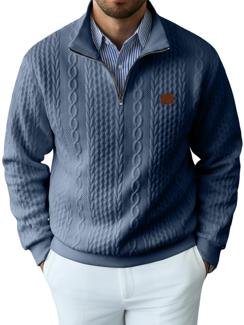 Men's Casual Solid Color Cable Knit Textured Quarter Zipper Stand Collar Sweatshirt