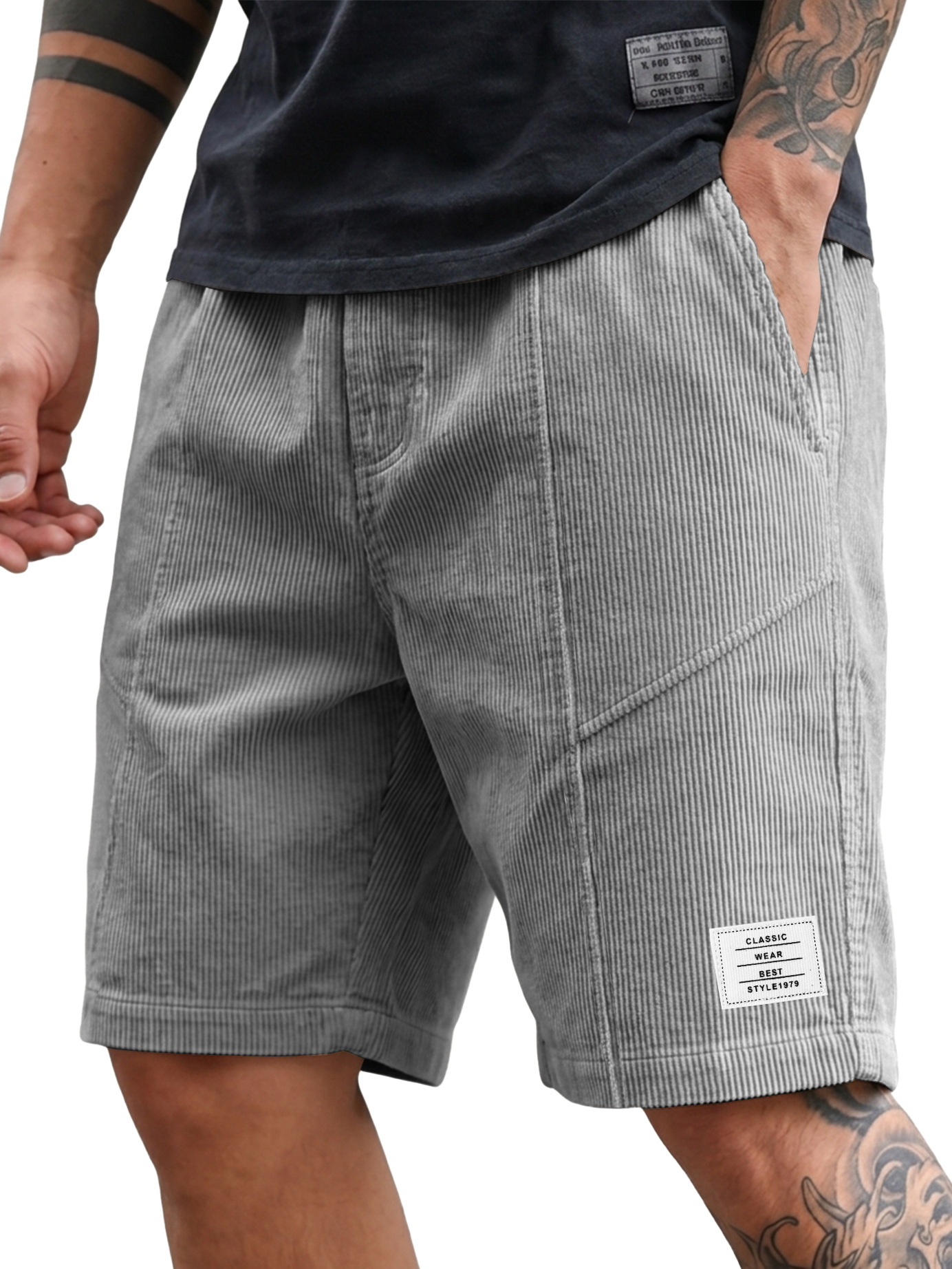 Men's Fashion Deconstructed Corduroy Embroidered Logo Shorts