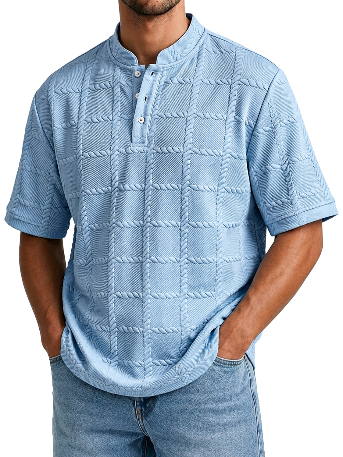 Men's Casual Textured Stand-Collar Button-Front Solid-Color Short-Sleeve Henley Shirt