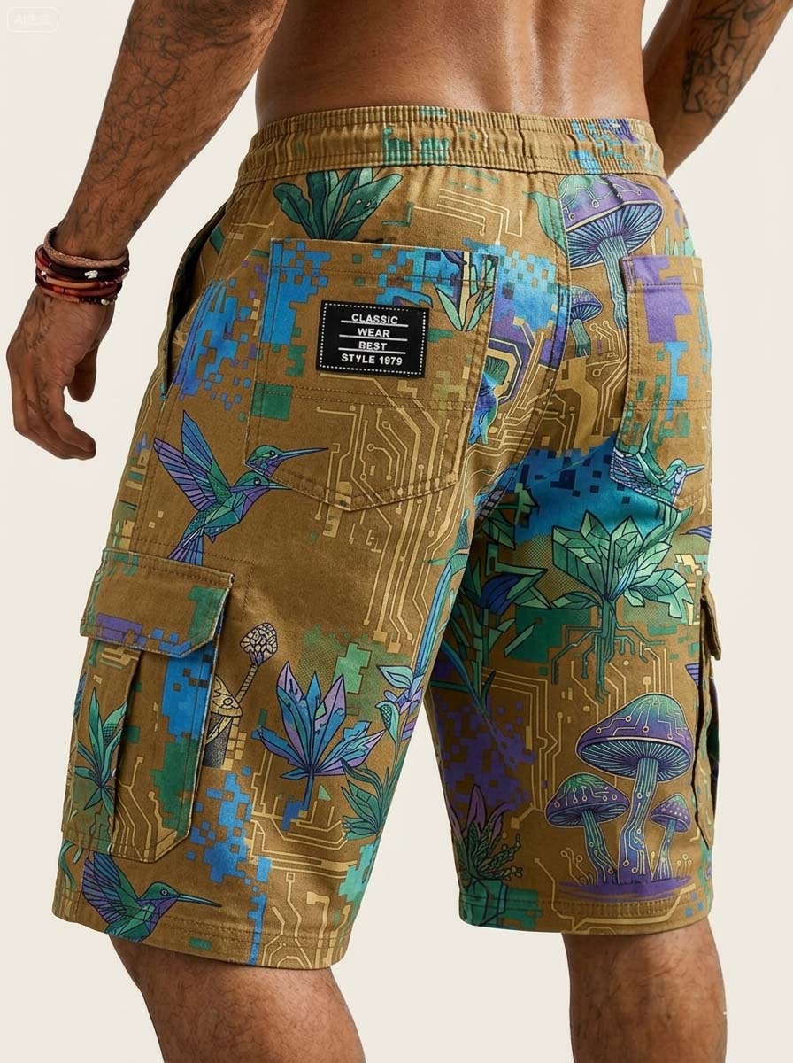 Digital Iridescent Mushroom Cargo Shorts