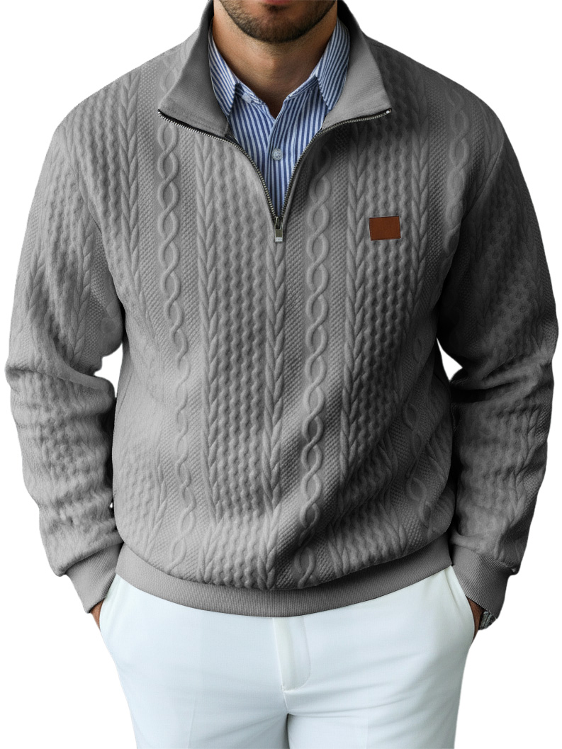 Men's Casual Solid Color Cable Knit Textured Quarter Zipper Stand Collar Sweatshirt