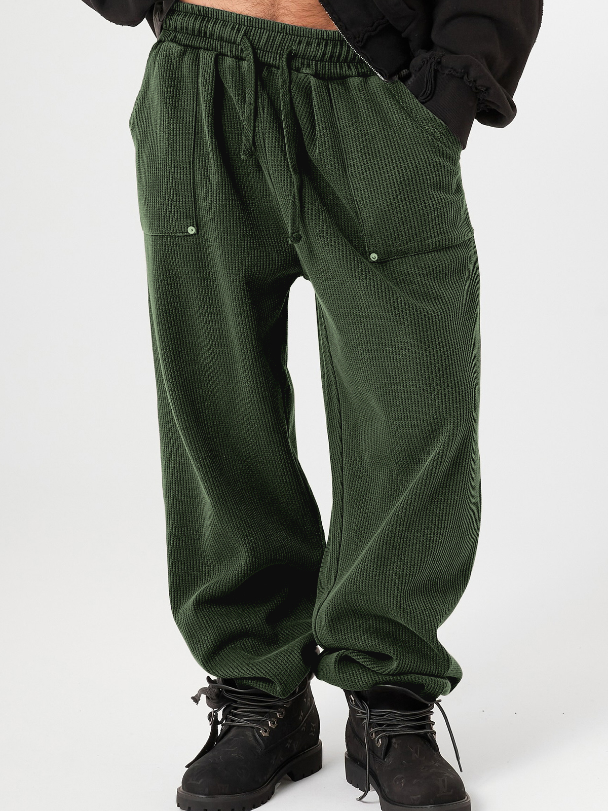 Men's Stylish Waffle-Knit Patchwork Design Baggy Pants