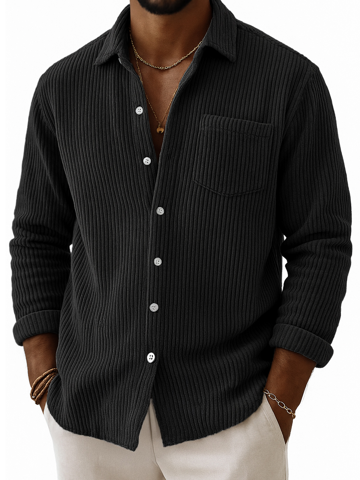 Men's Stylish Corduroy Ribbed Long-Sleeve Shirt with Chest Pocket
