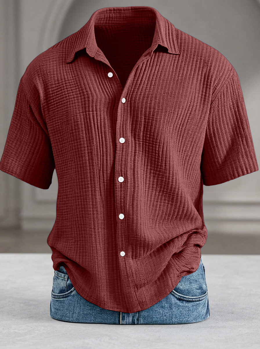 Men's Casual Loose-Fit Textured Short-Sleeve Shirt