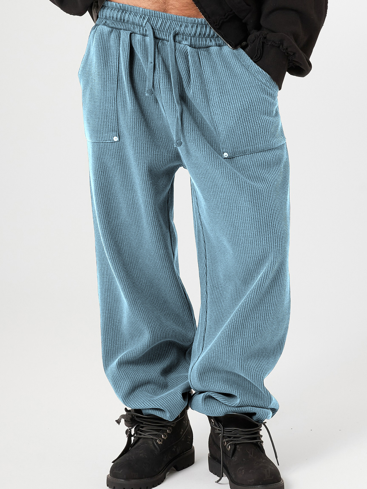 Men's Stylish Waffle-Knit Patchwork Design Baggy Pants