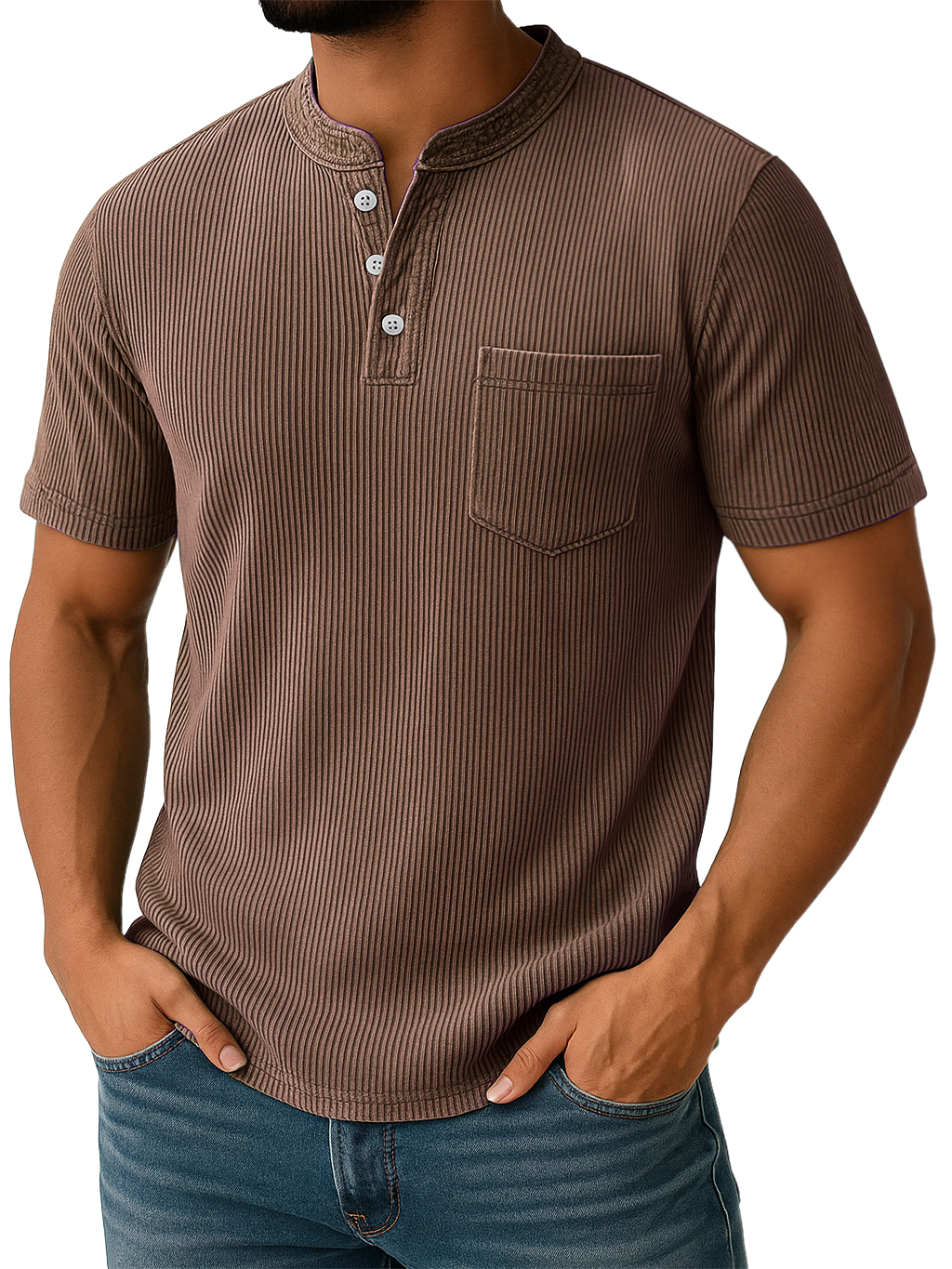 Men's Retro Stand-up Collar Ribbed Texture Vertical Stripe Pocket Casual T-shirt