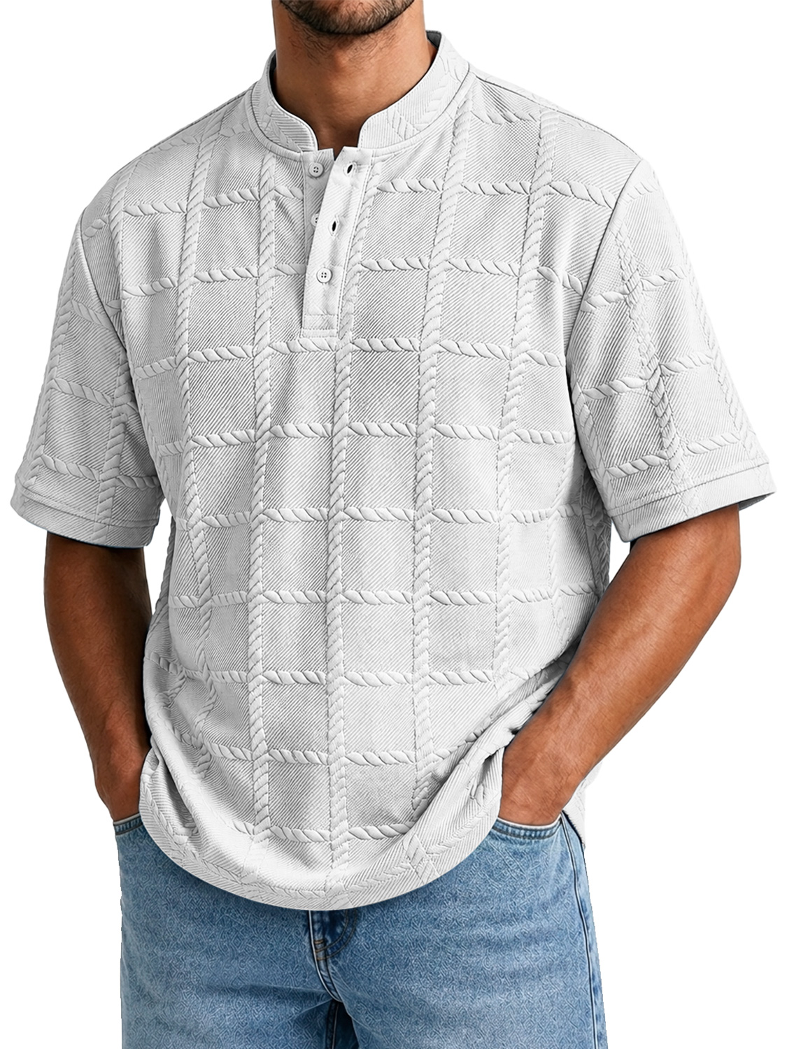 Men's Casual Textured Stand-Collar Button-Front Solid-Color Short-Sleeve Henley Shirt