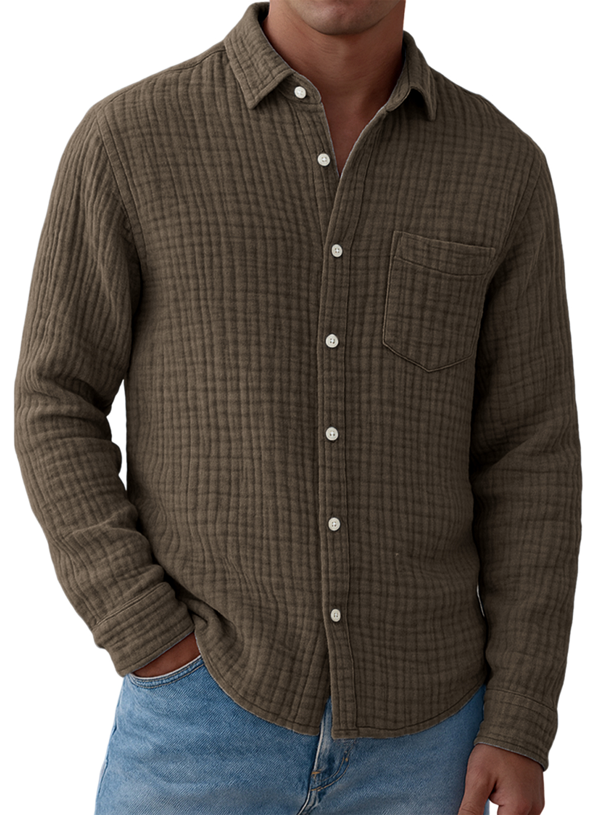 Men's Comfort Gauze Pleated Pocket Cotton Long Sleeve Shirt